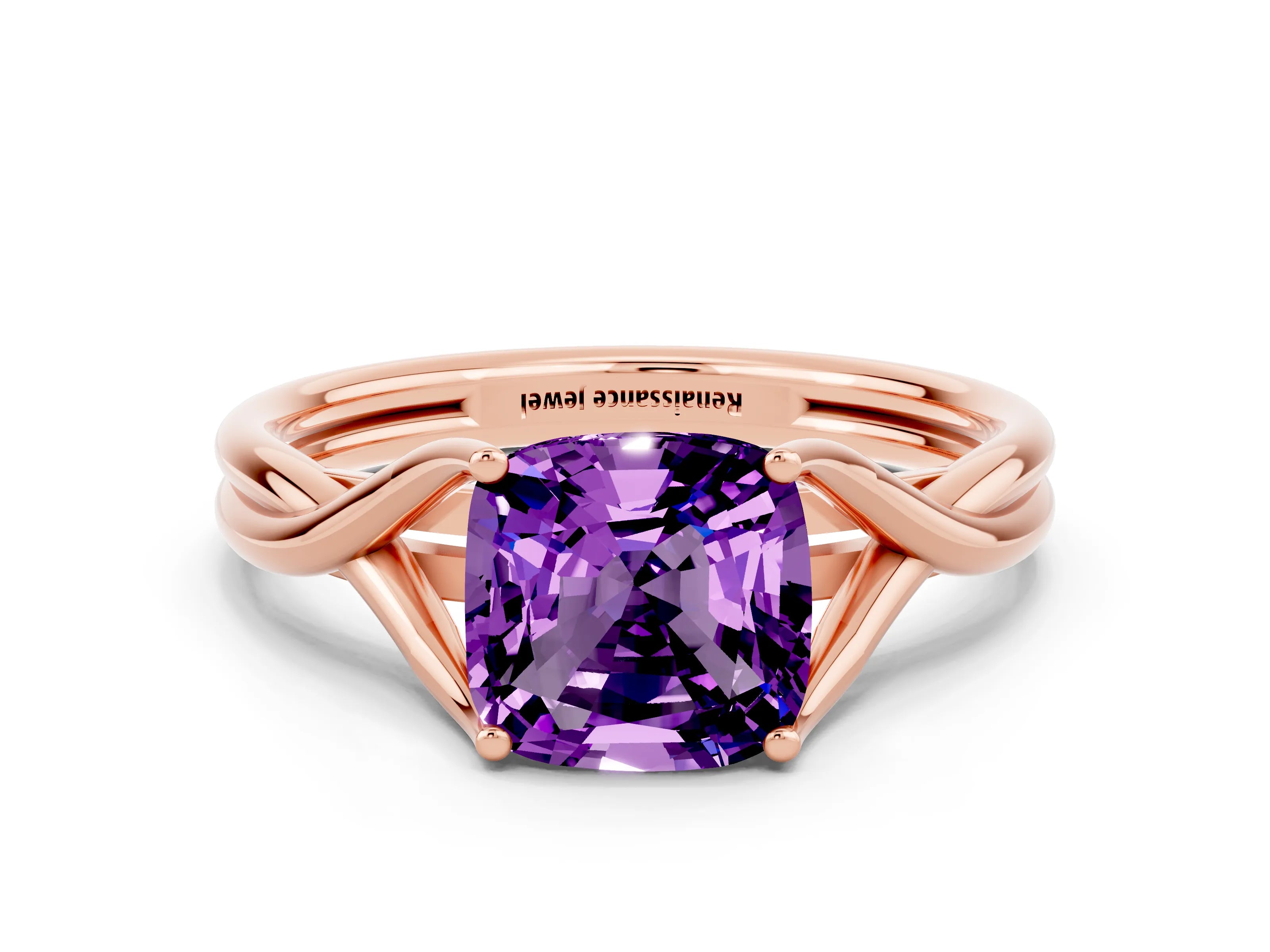 Rose gold Cushion Cut Amethyst Solitaire Twist Band Prong Setting Ring_48