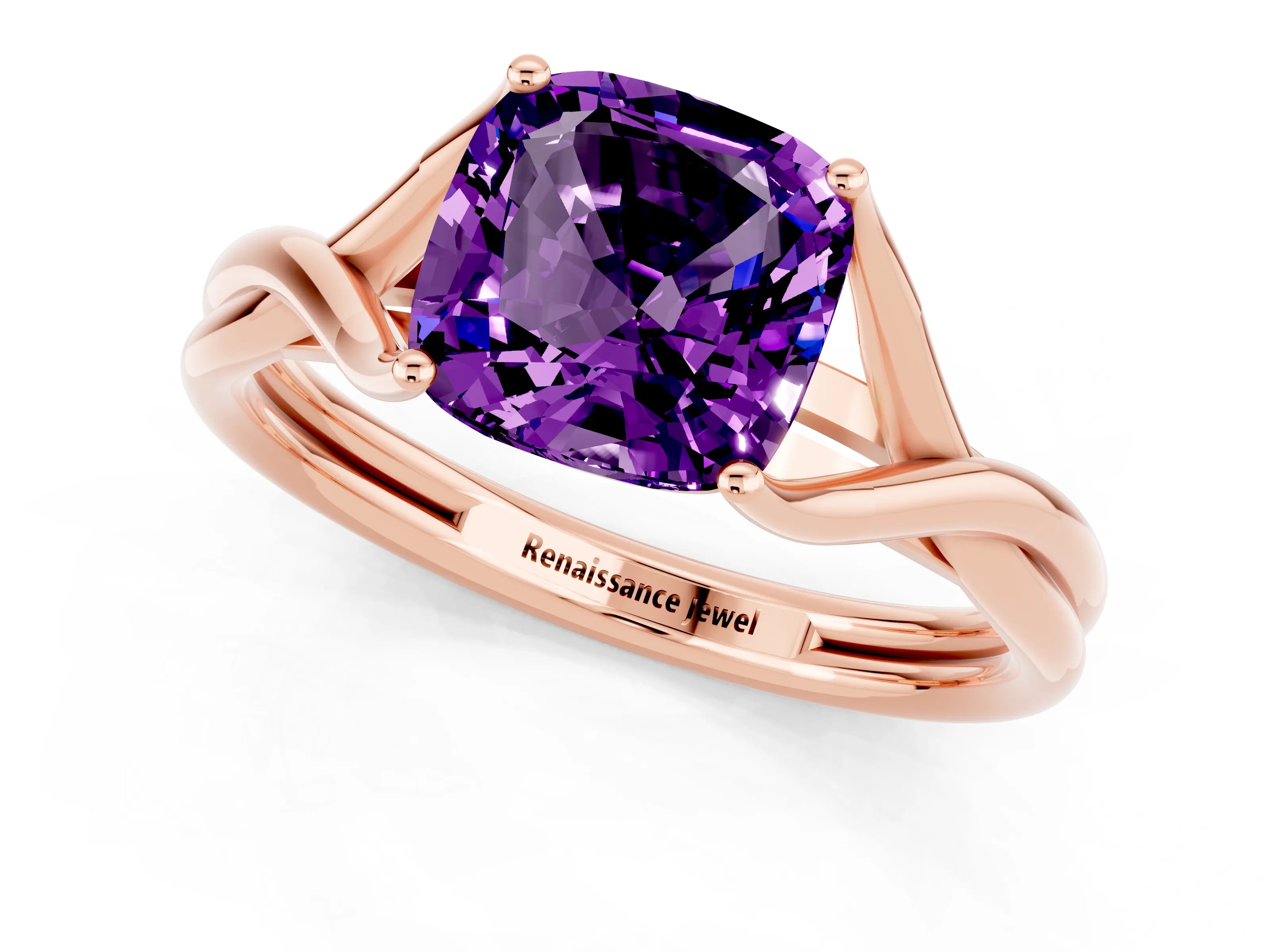 Rose gold Cushion Cut Amethyst Solitaire Twist Band Prong Setting Ring_49