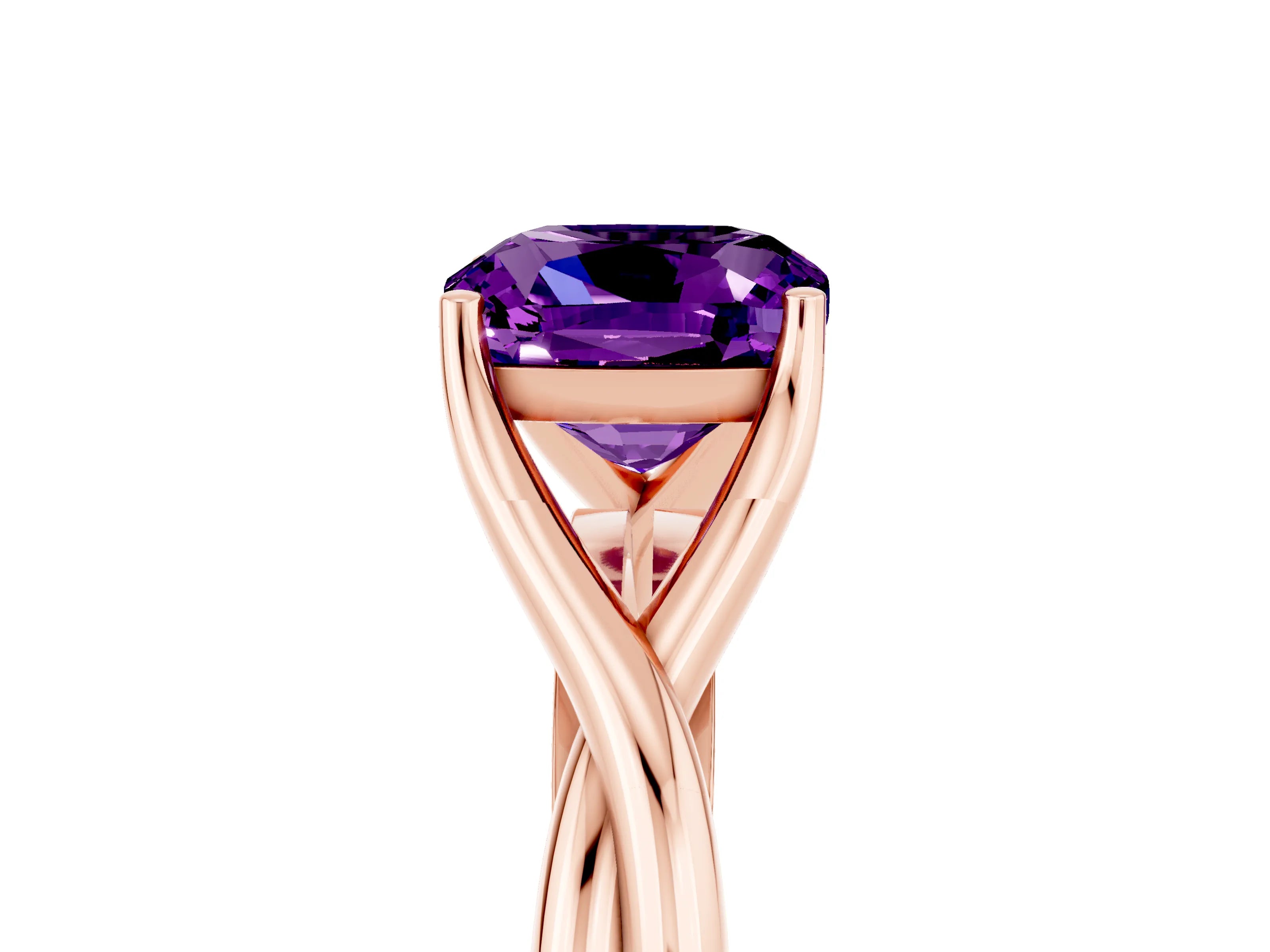 Rose gold Cushion Cut Amethyst Solitaire Twist Band Prong Setting Ring_53