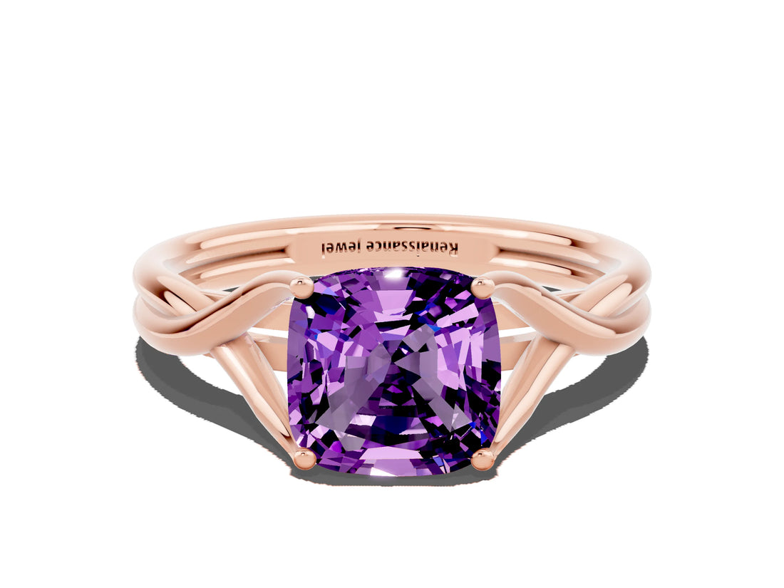 Rose gold Cushion Cut Amethyst Solitaire Twist Band Prong Setting Ring_60