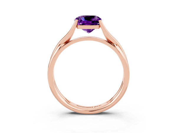 Rose gold Cushion Cut Amethyst Solitaire Twist Band Prong Setting Ring