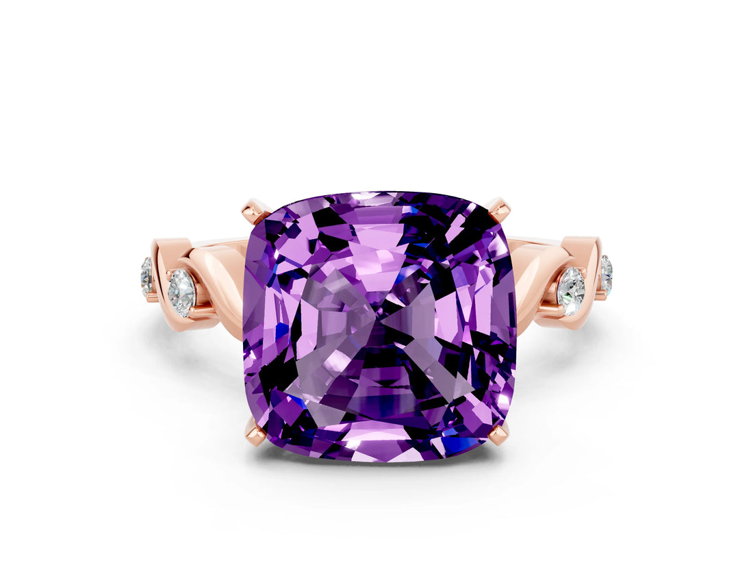 Rose gold Cushion Cut Amethyst Solitaire Twisted Band with Round  Accents and Prong Setting_12