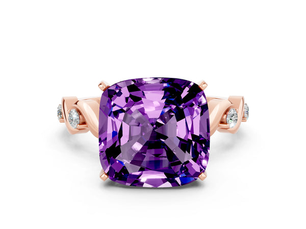 Rose gold Cushion Cut Amethyst Solitaire Twisted Band with Round  Accents and Prong Setting