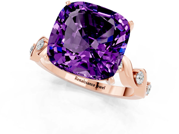 Rose gold Cushion Cut Amethyst Solitaire Twisted Band with Round  Accents and Prong Setting