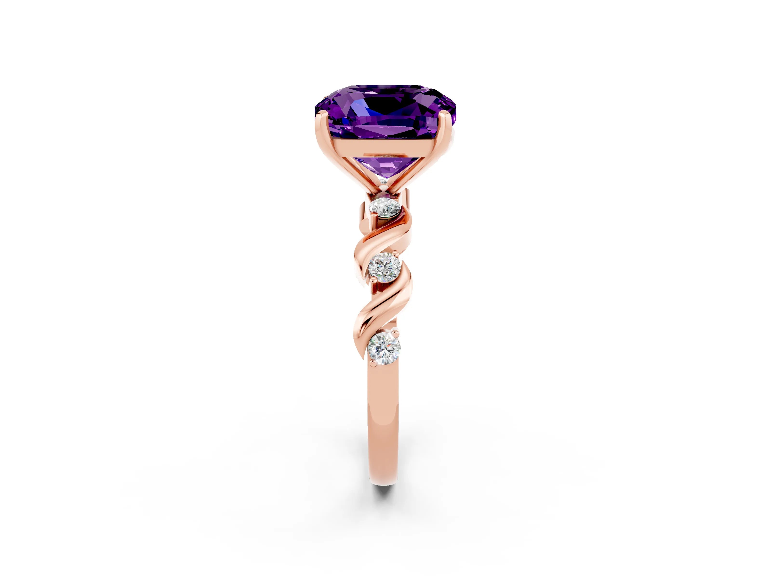 Rose gold Cushion Cut Amethyst Solitaire Twisted Band with Round  Accents and Prong Setting_14