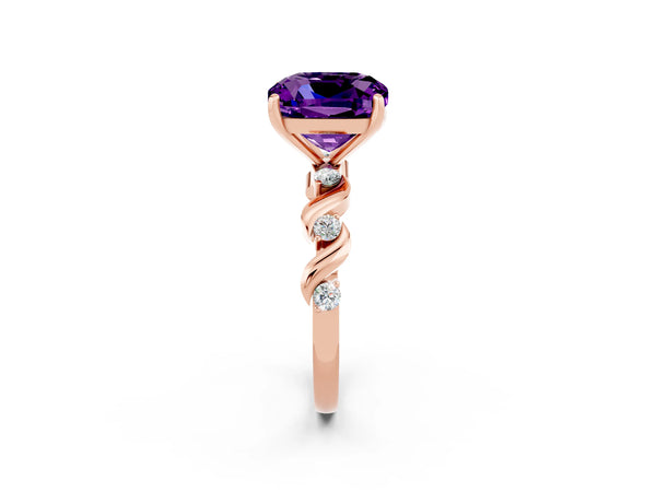 Rose gold Cushion Cut Amethyst Solitaire Twisted Band with Round  Accents and Prong Setting
