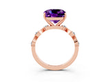 Rose gold Cushion Cut Amethyst Solitaire Twisted Band with Round  Accents and Prong Setting_15