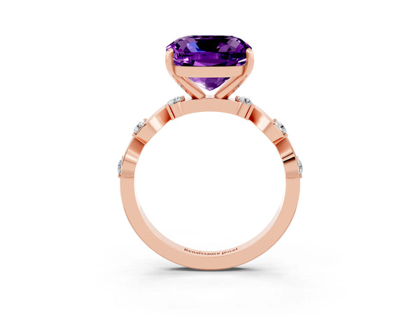 Rose gold Cushion Cut Amethyst Solitaire Twisted Band with Round  Accents and Prong Setting