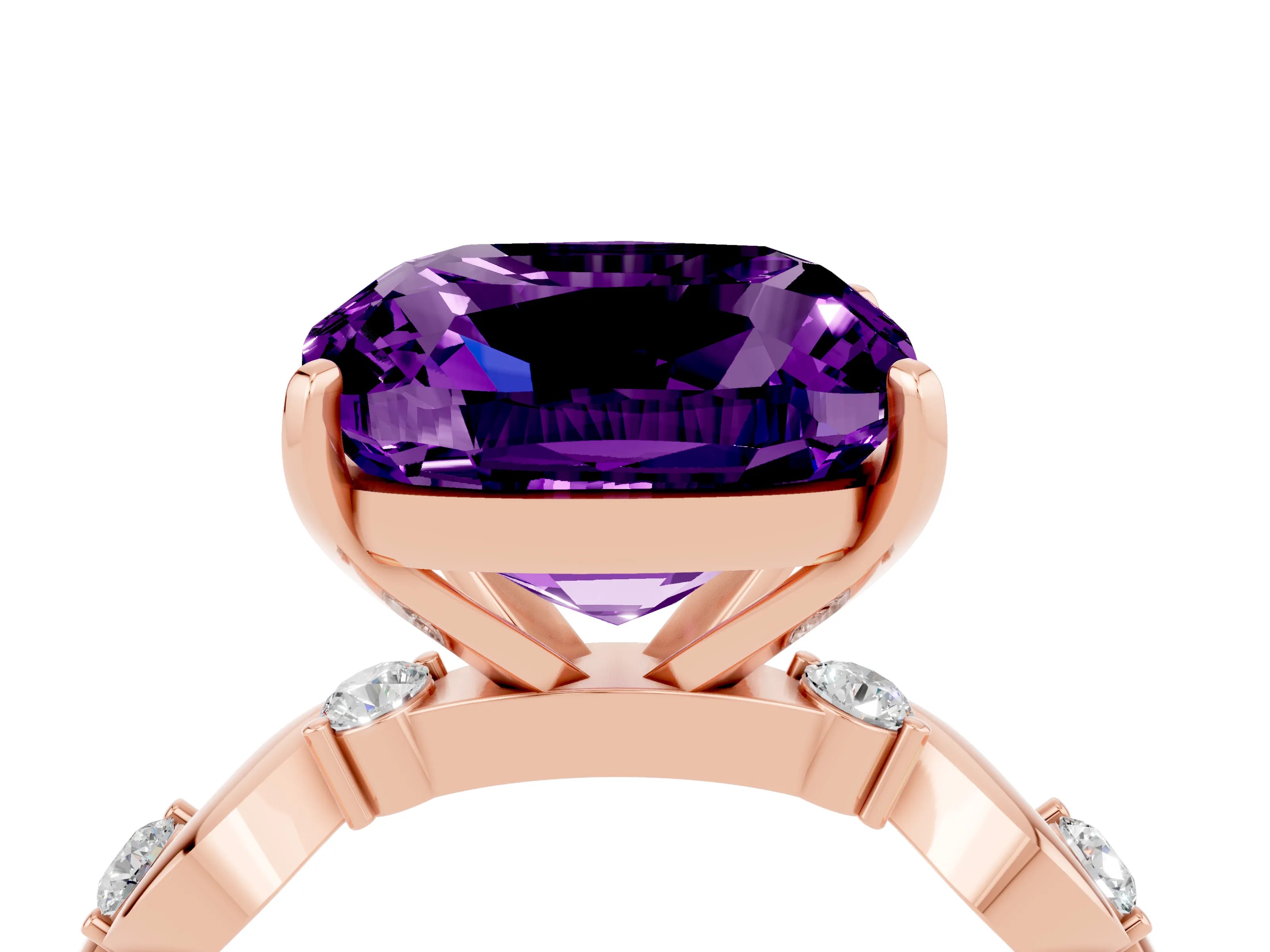 Rose gold Cushion Cut Amethyst Solitaire Twisted Band with Round  Accents and Prong Setting_16