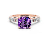 Rose gold Cushion Cut Amethyst Solitaire with Side Baguettes and Channel Set Band