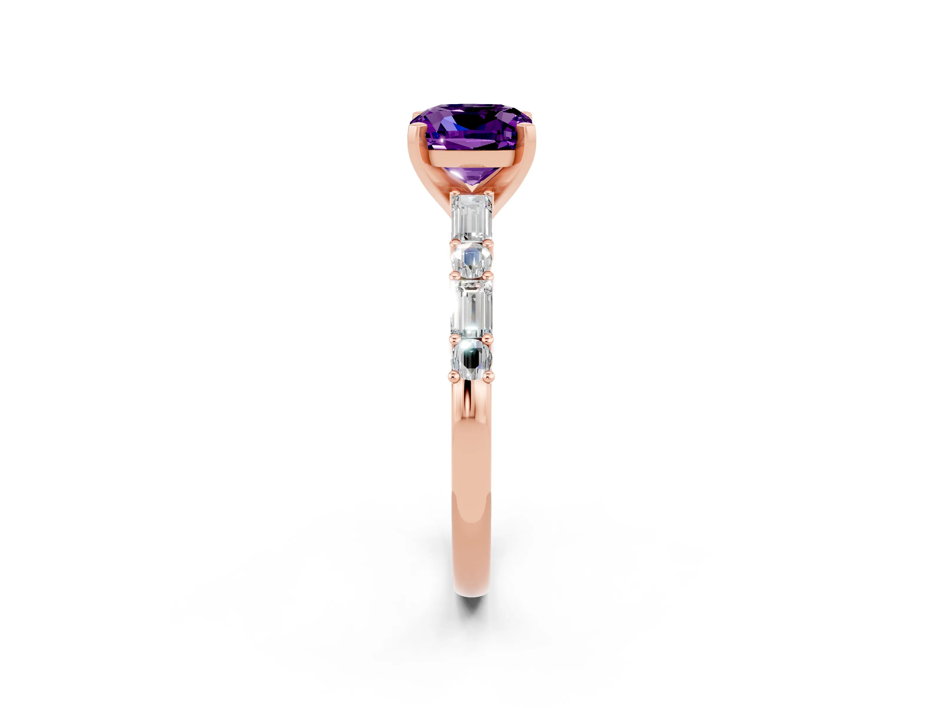 Rose gold Cushion Cut Amethyst Solitaire with Side Baguettes and Channel Set Band_2