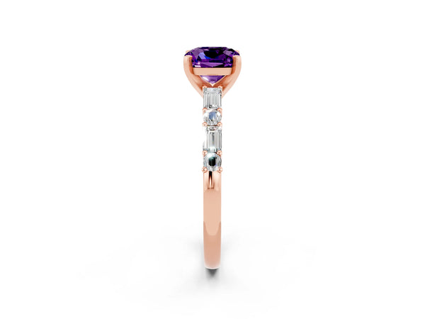 Rose gold Cushion Cut Amethyst Solitaire with Side Baguettes and Channel Set Band