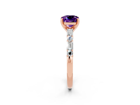 Rose gold Cushion Cut Amethyst Solitaire with Side Baguettes and Channel Set Band_2