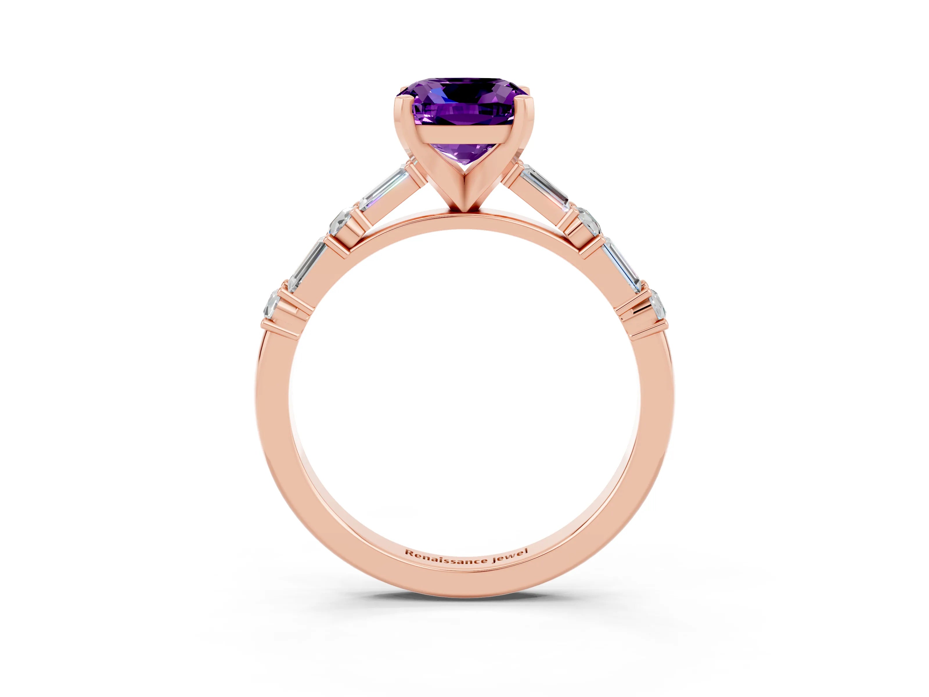 Rose gold Cushion Cut Amethyst Solitaire with Side Baguettes and Channel Set Band_3