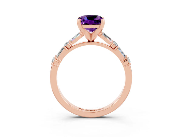 Rose gold Cushion Cut Amethyst Solitaire with Side Baguettes and Channel Set Band