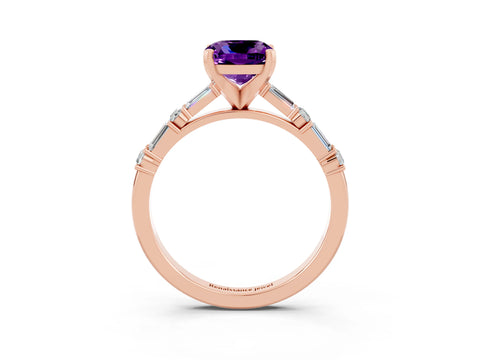Rose gold Cushion Cut Amethyst Solitaire with Side Baguettes and Channel Set Band_3