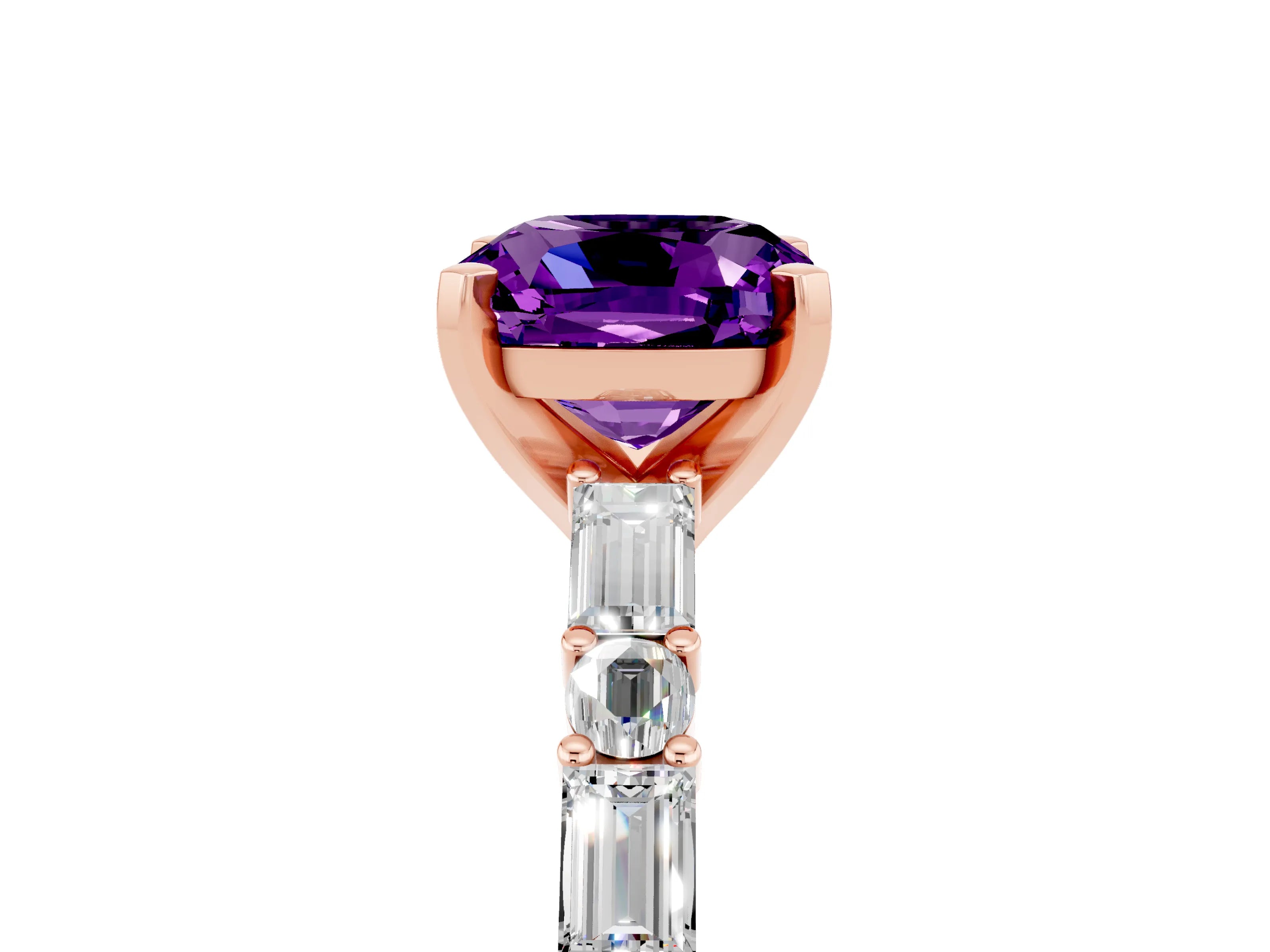 Rose gold Cushion Cut Amethyst Solitaire with Side Baguettes and Channel Set Band_5