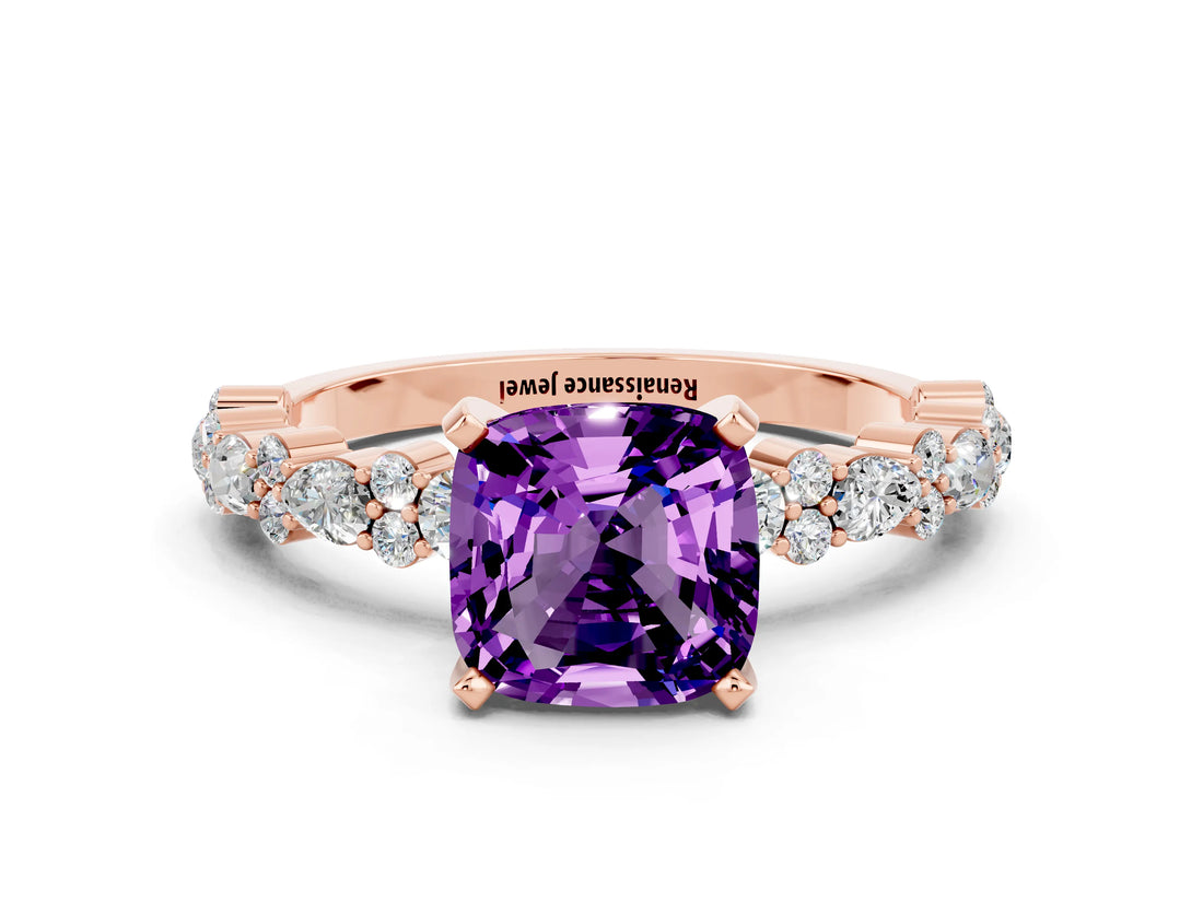 Rose gold Cushion Cut Amethyst Solitaire with Side Stones, Pave Band, Four-Prong Setting_36