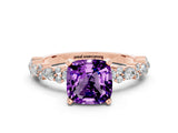 Rose gold Cushion Cut Amethyst Solitaire with Side Stones, Pave Band, Four-Prong Setting_36