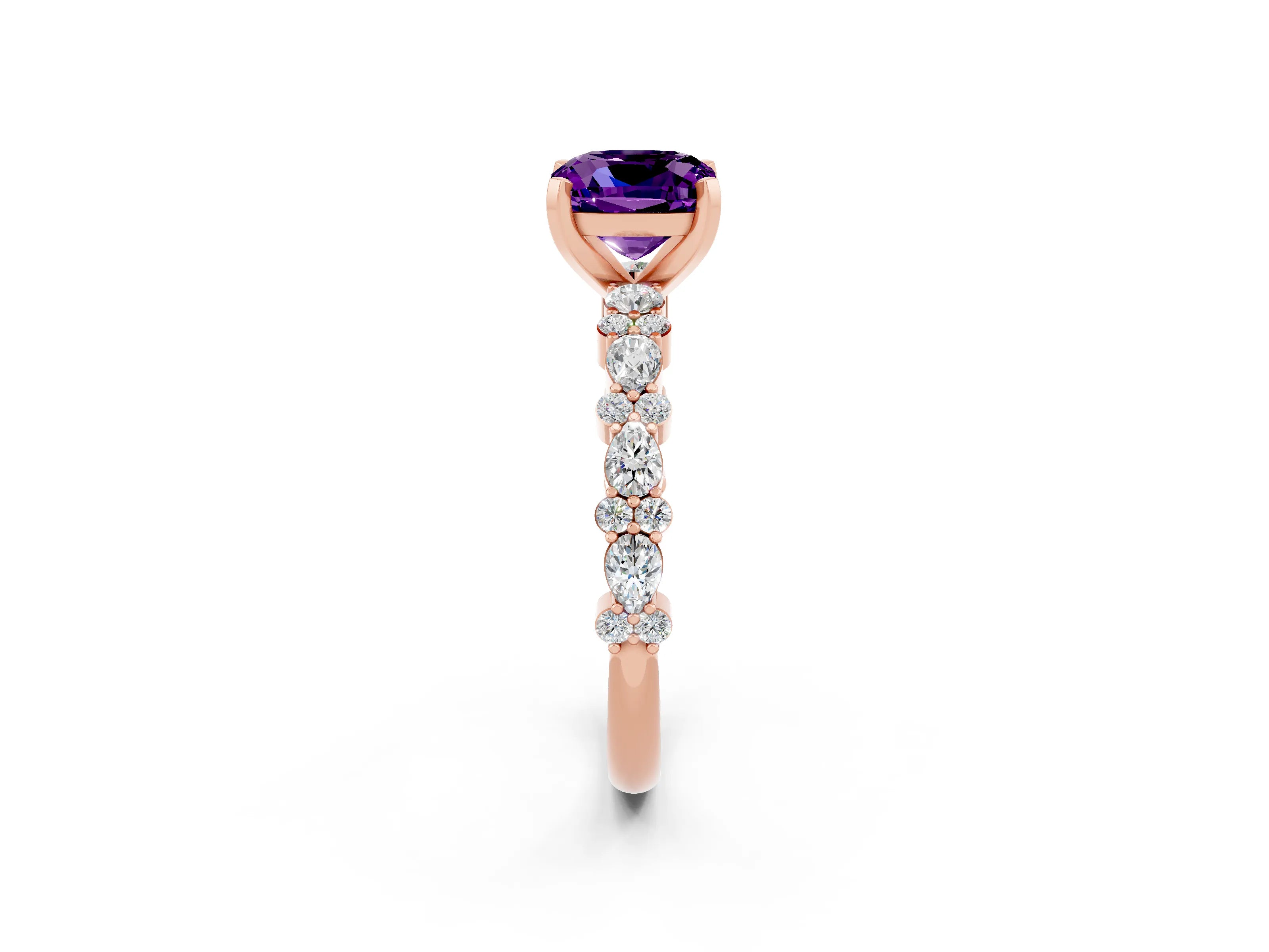 Rose gold Cushion Cut Amethyst Solitaire with Side Stones, Pave Band, Four-Prong Setting_38
