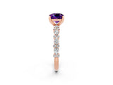 Rose gold Cushion Cut Amethyst Solitaire with Side Stones, Pave Band, Four-Prong Setting_38