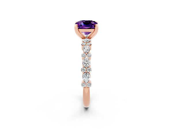 Rose gold Cushion Cut Amethyst Side Stone Solitaire Ring with Round  and Four-Prong Setting