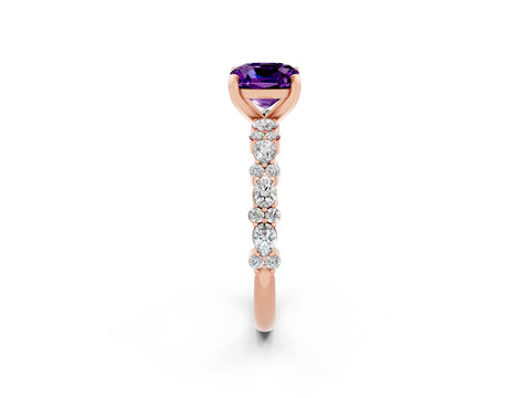 Rose gold Cushion Cut Amethyst Solitaire with Side Stones, Pave Band, Four-Prong Setting_38