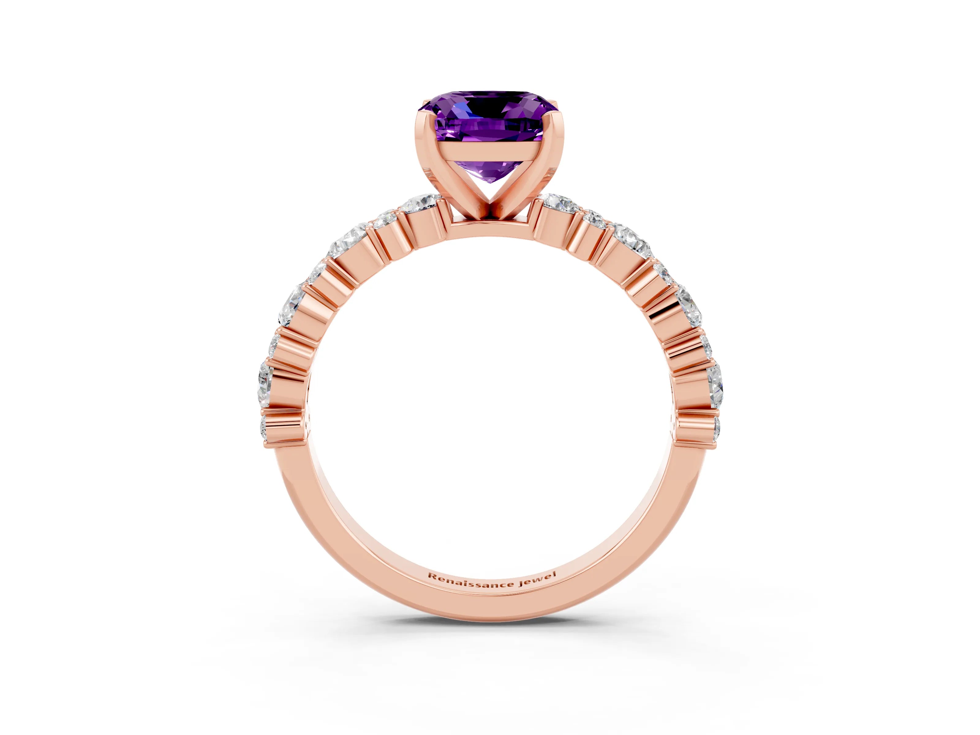 Rose gold Cushion Cut Amethyst Solitaire with Side Stones, Pave Band, Four-Prong Setting_39
