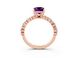 Rose gold Cushion Cut Amethyst Solitaire with Side Stones, Pave Band, Four-Prong Setting_39
