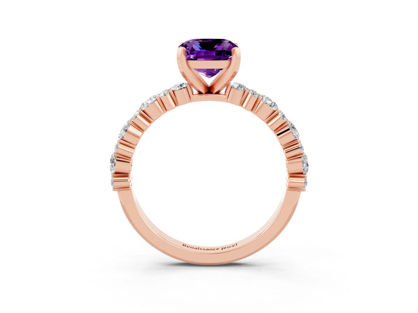 Rose gold Cushion Cut Amethyst Side Stone Solitaire Ring with Round  and Four-Prong Setting