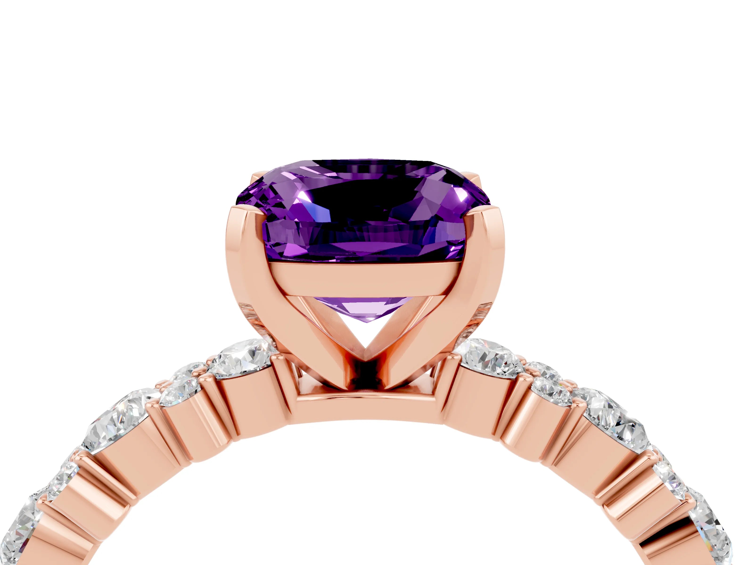 Rose gold Cushion Cut Amethyst Solitaire with Side Stones, Pave Band, Four-Prong Setting_40