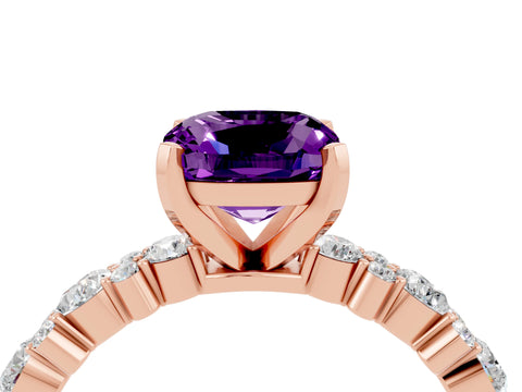 Rose gold Cushion Cut Amethyst Solitaire with Side Stones, Pave Band, Four-Prong Setting_40
