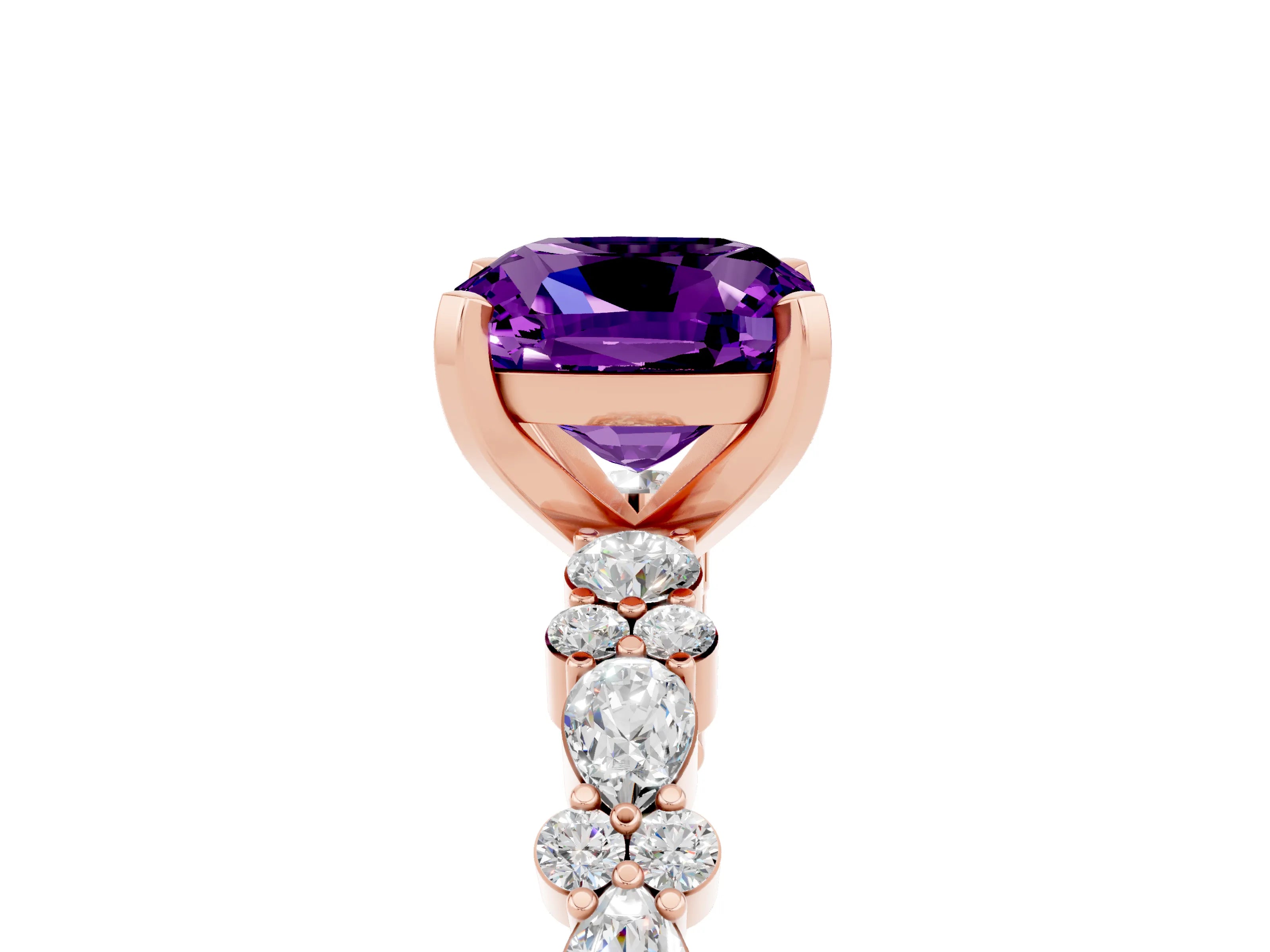 Rose gold Cushion Cut Amethyst Solitaire with Side Stones, Pave Band, Four-Prong Setting_41