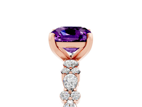 Rose gold Cushion Cut Amethyst Solitaire with Side Stones, Pave Band, Four-Prong Setting_41