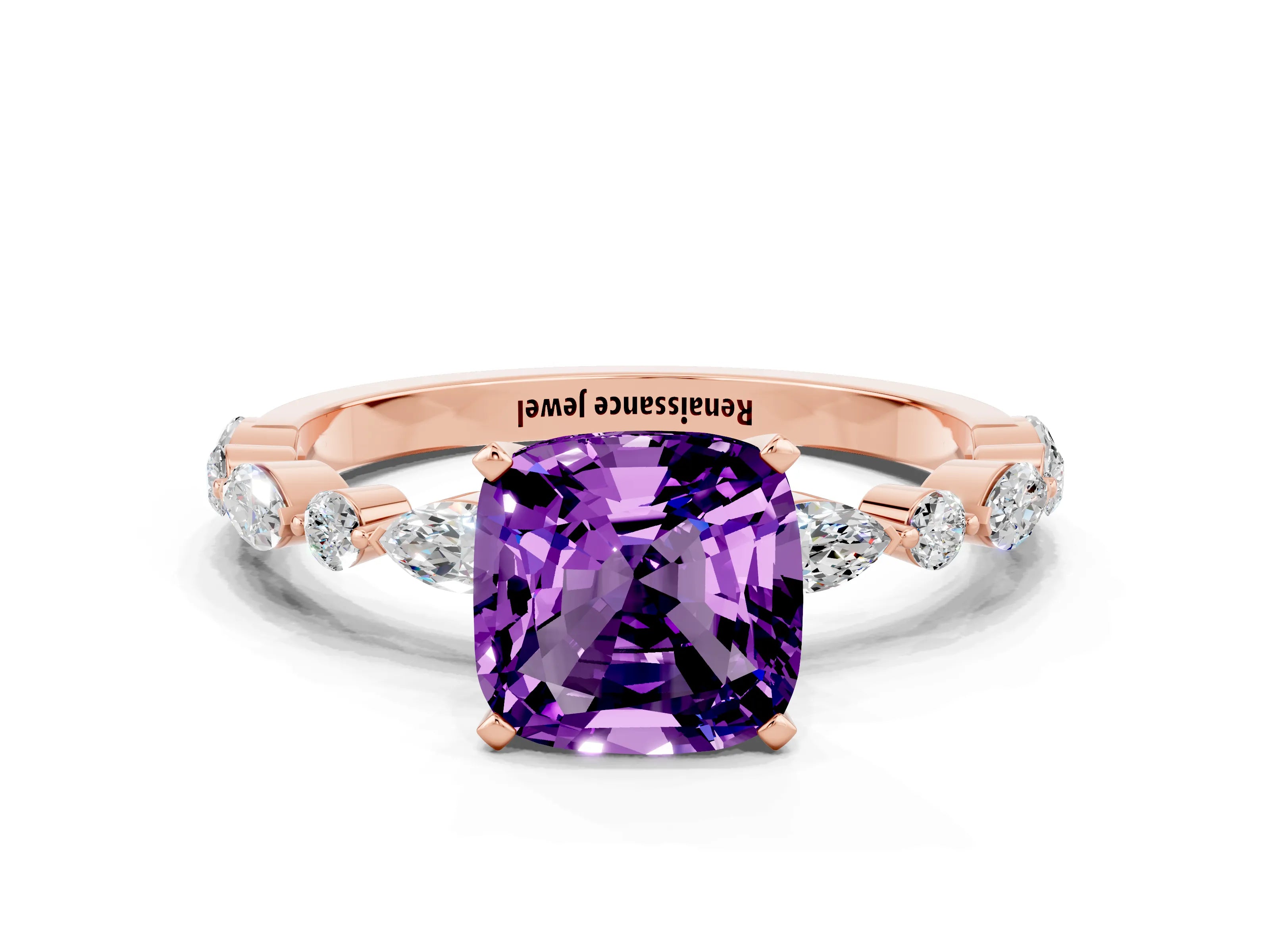 Rose gold Cushion Cut Amethyst Solitaire with Side Stones on a Pavé Band and Four-Prong Setting