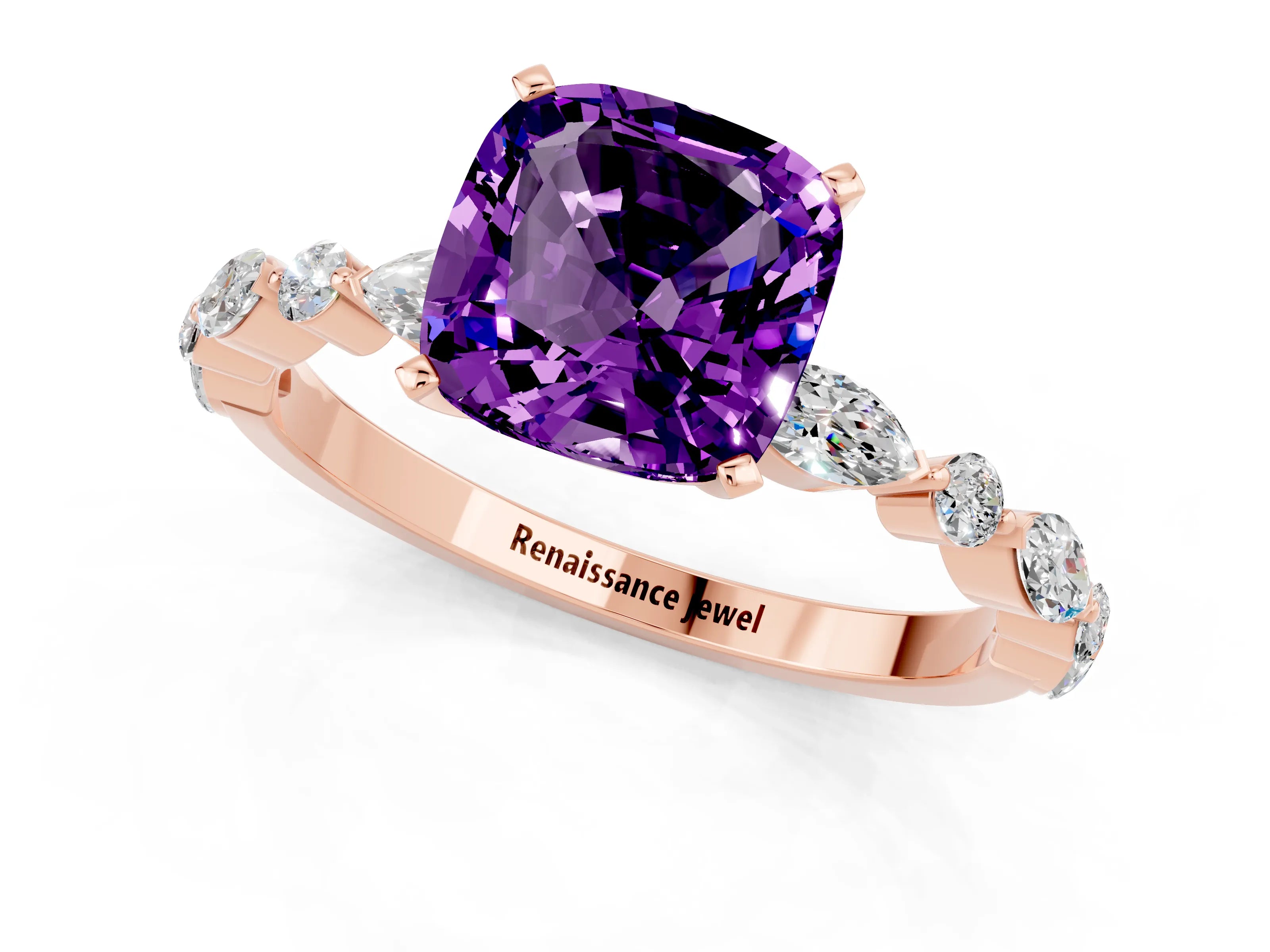 Rose gold Cushion Cut Amethyst Solitaire with Side Stones on a Pavé Band and Four-Prong Setting_1