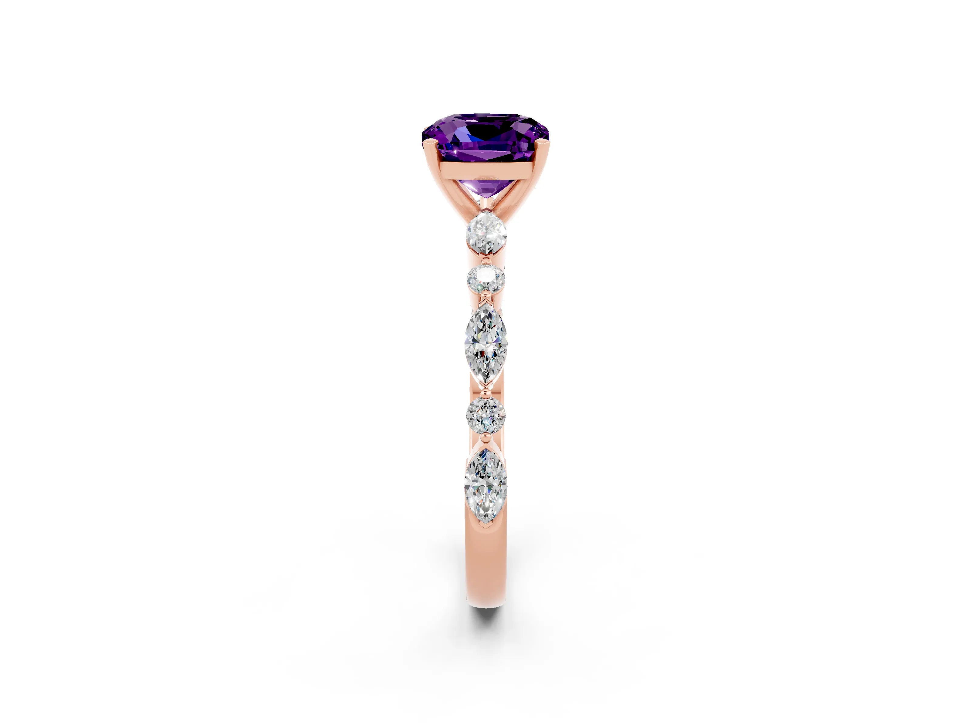 Rose gold Cushion Cut Amethyst Solitaire with Side Stones on a Pavé Band and Four-Prong Setting_2