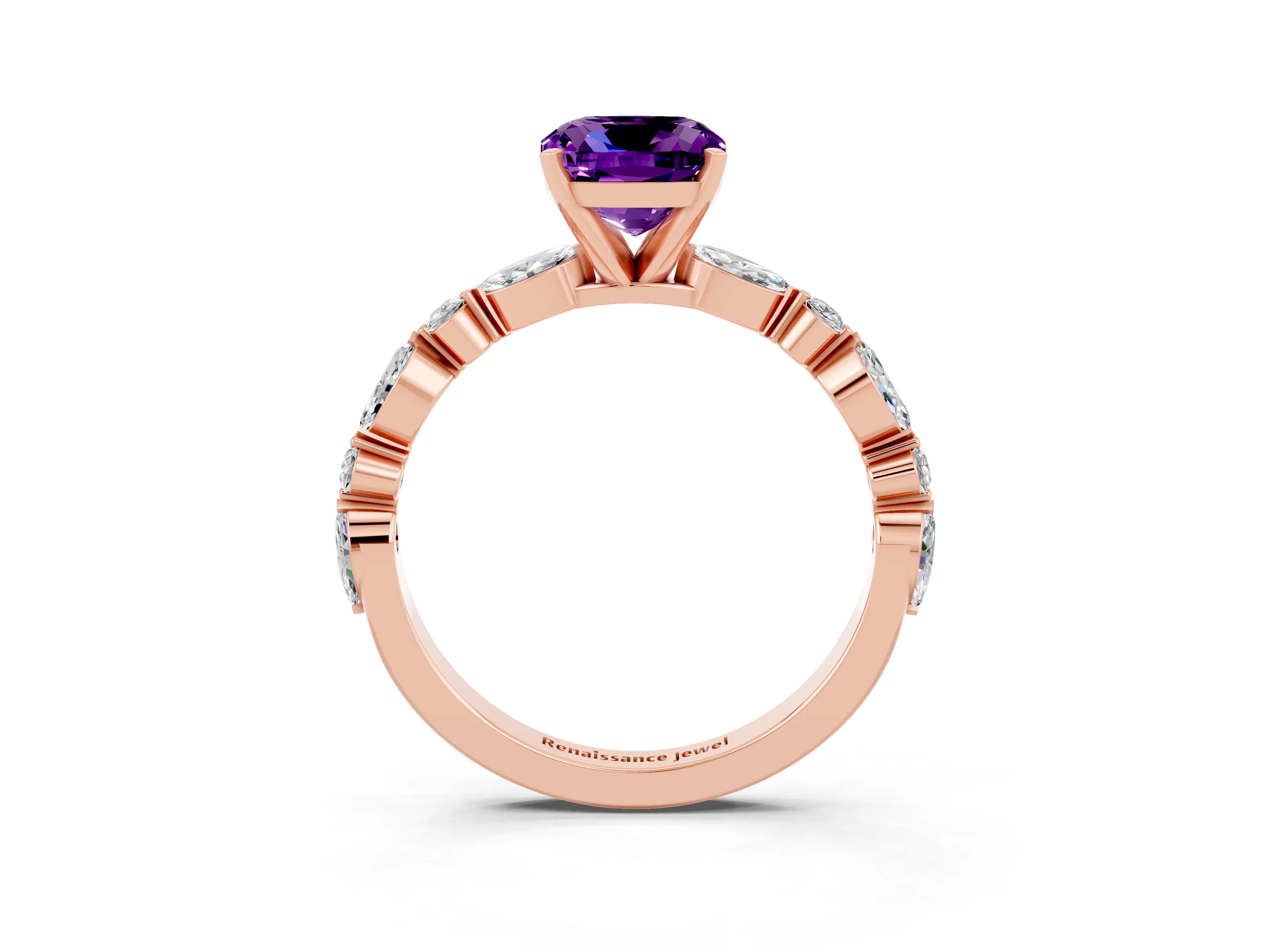 Rose gold Cushion Cut Amethyst Solitaire with Side Stones on a Pavé Band and Four-Prong Setting_3