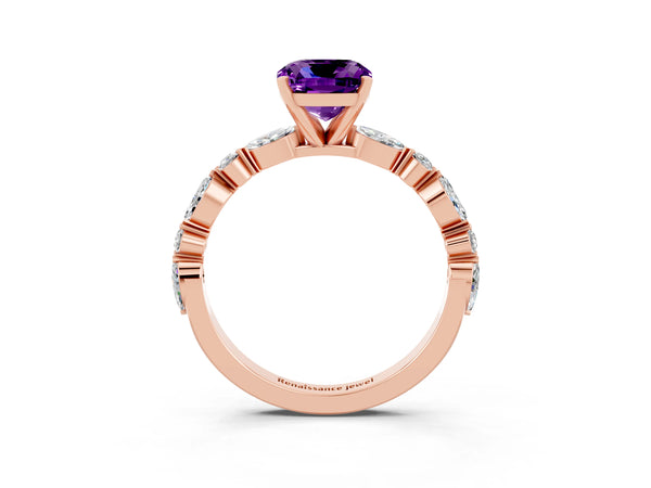 Rose gold Cushion Cut Amethyst Ring with Marquise and Round  Side Stones and Four-Prong Setting