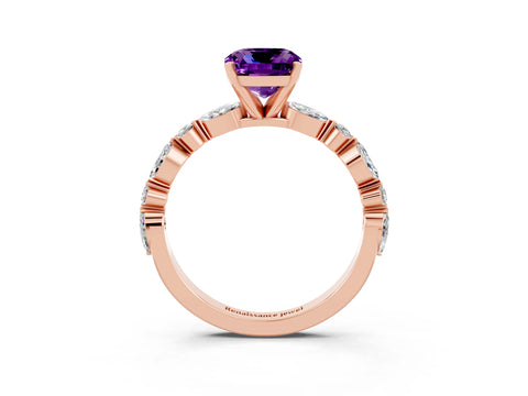Rose gold Cushion Cut Amethyst Solitaire with Side Stones on a Pavé Band and Four-Prong Setting_3