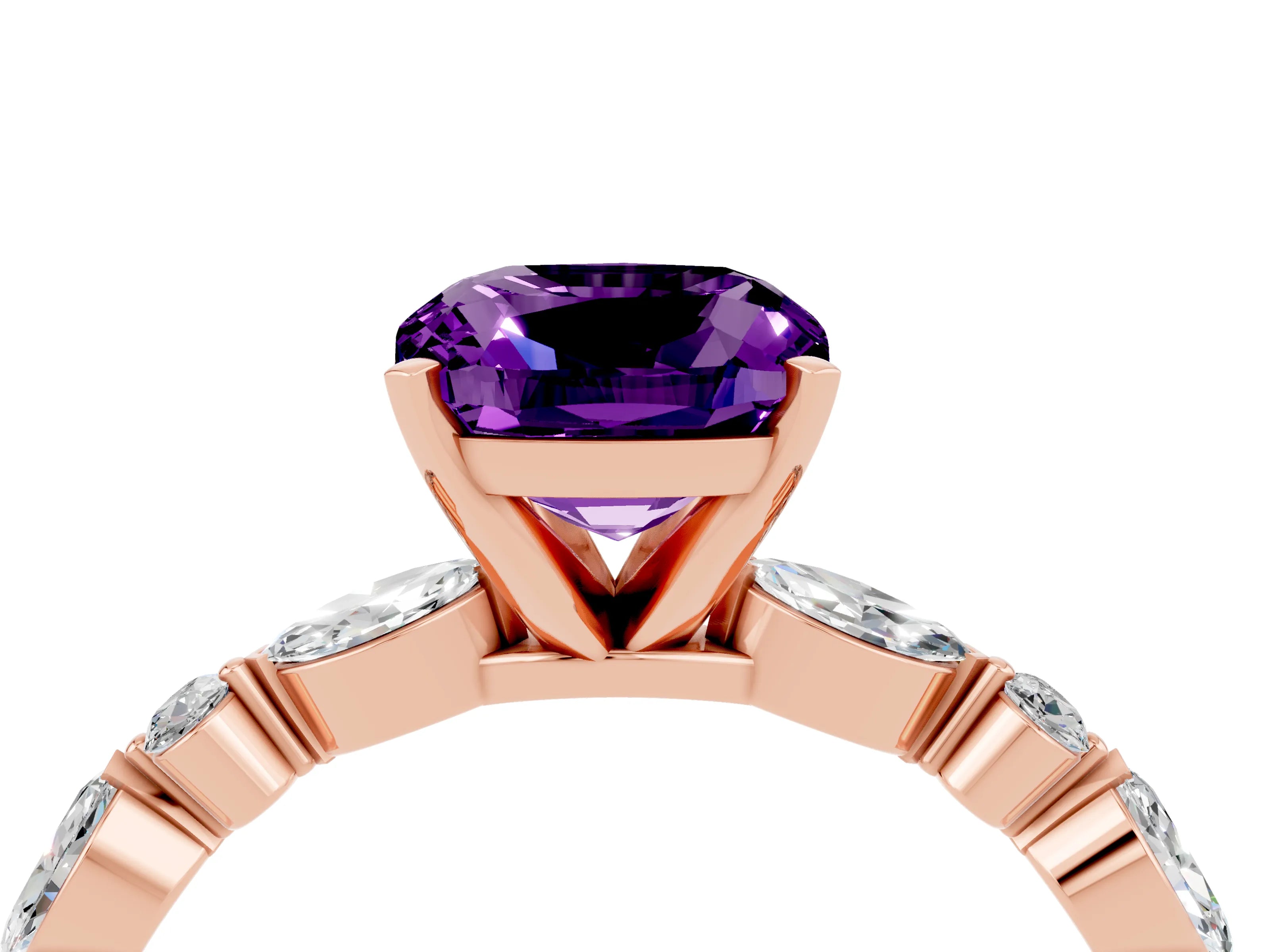 Rose gold Cushion Cut Amethyst Solitaire with Side Stones on a Pavé Band and Four-Prong Setting_4