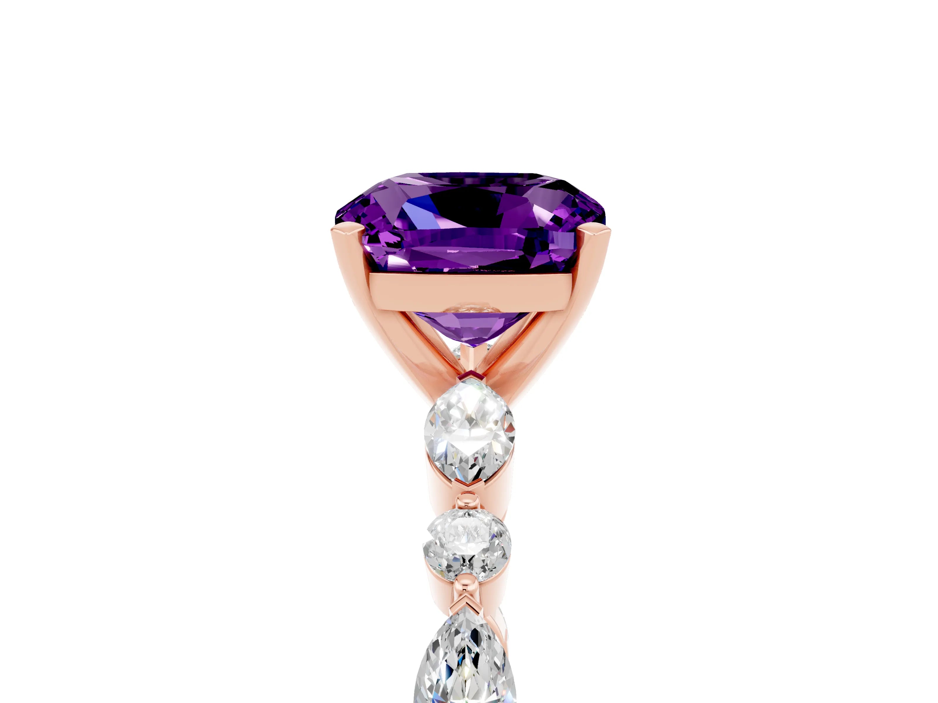 Rose gold Cushion Cut Amethyst Solitaire with Side Stones on a Pavé Band and Four-Prong Setting_5
