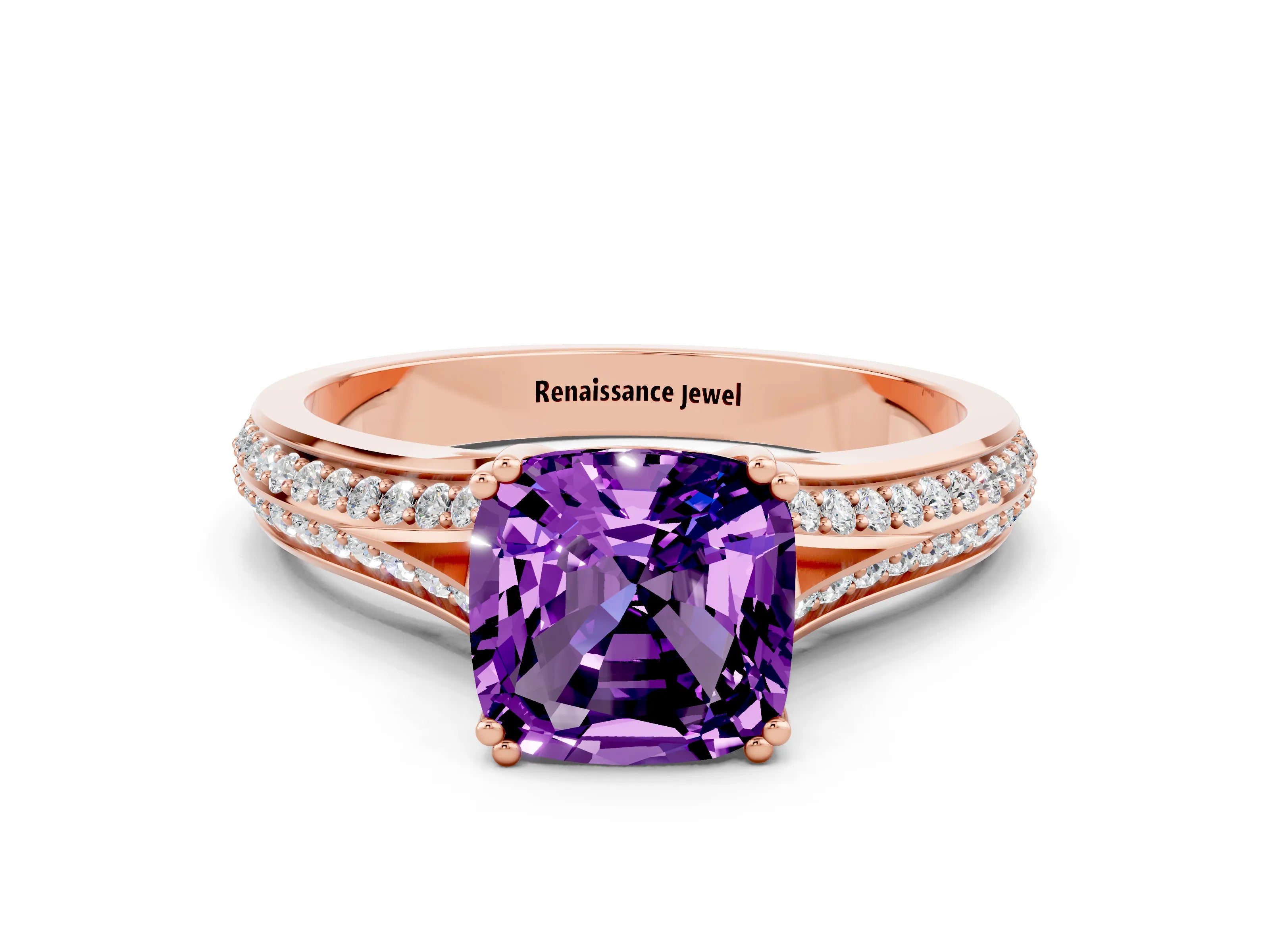 Rose gold Cushion Cut Amethyst Split Shank Engagement Ring with Pavé Band