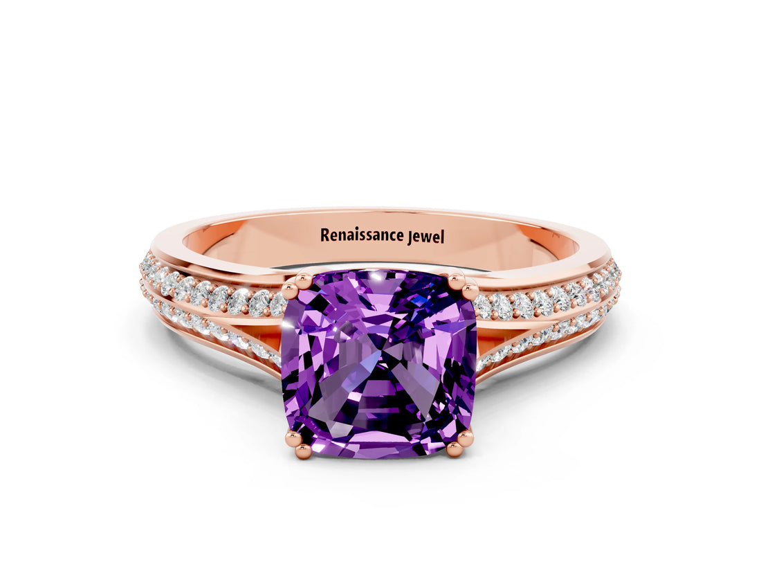 Rose gold Cushion Cut Amethyst Split Shank Engagement Ring with Pavé Band