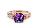 Rose gold Cushion Cut Amethyst Split Shank Engagement Ring with Pavé Band