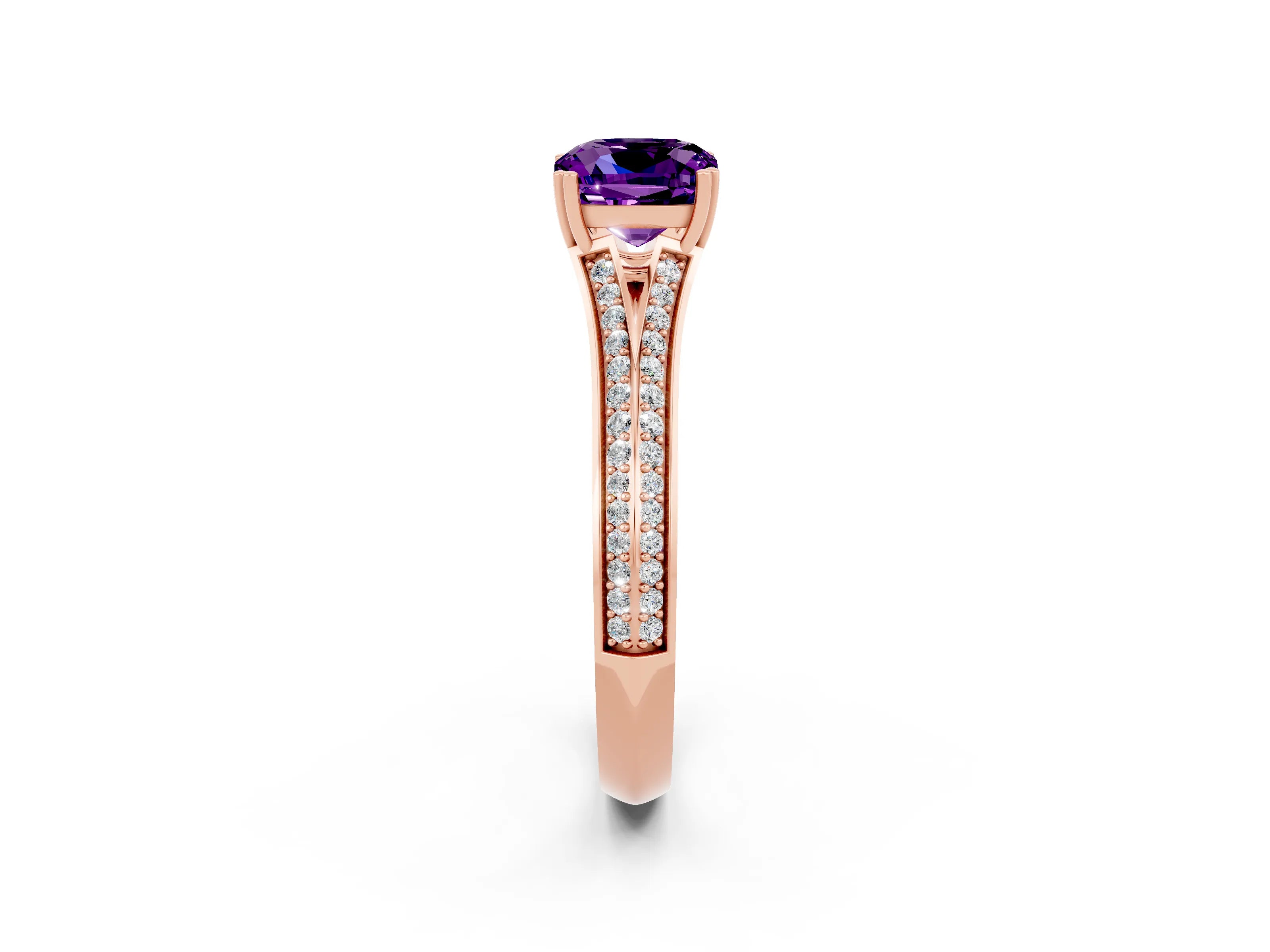 Rose gold Cushion Cut Amethyst Split Shank Engagement Ring with Pavé Band_2