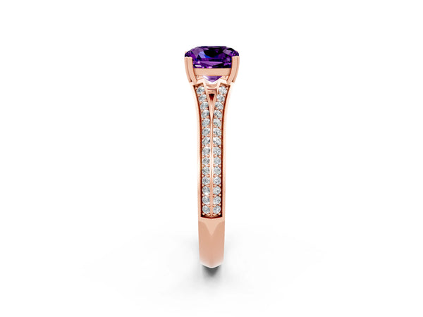 Rose gold Cushion Cut Amethyst Split Shank Engagement Ring with Pavé Band
