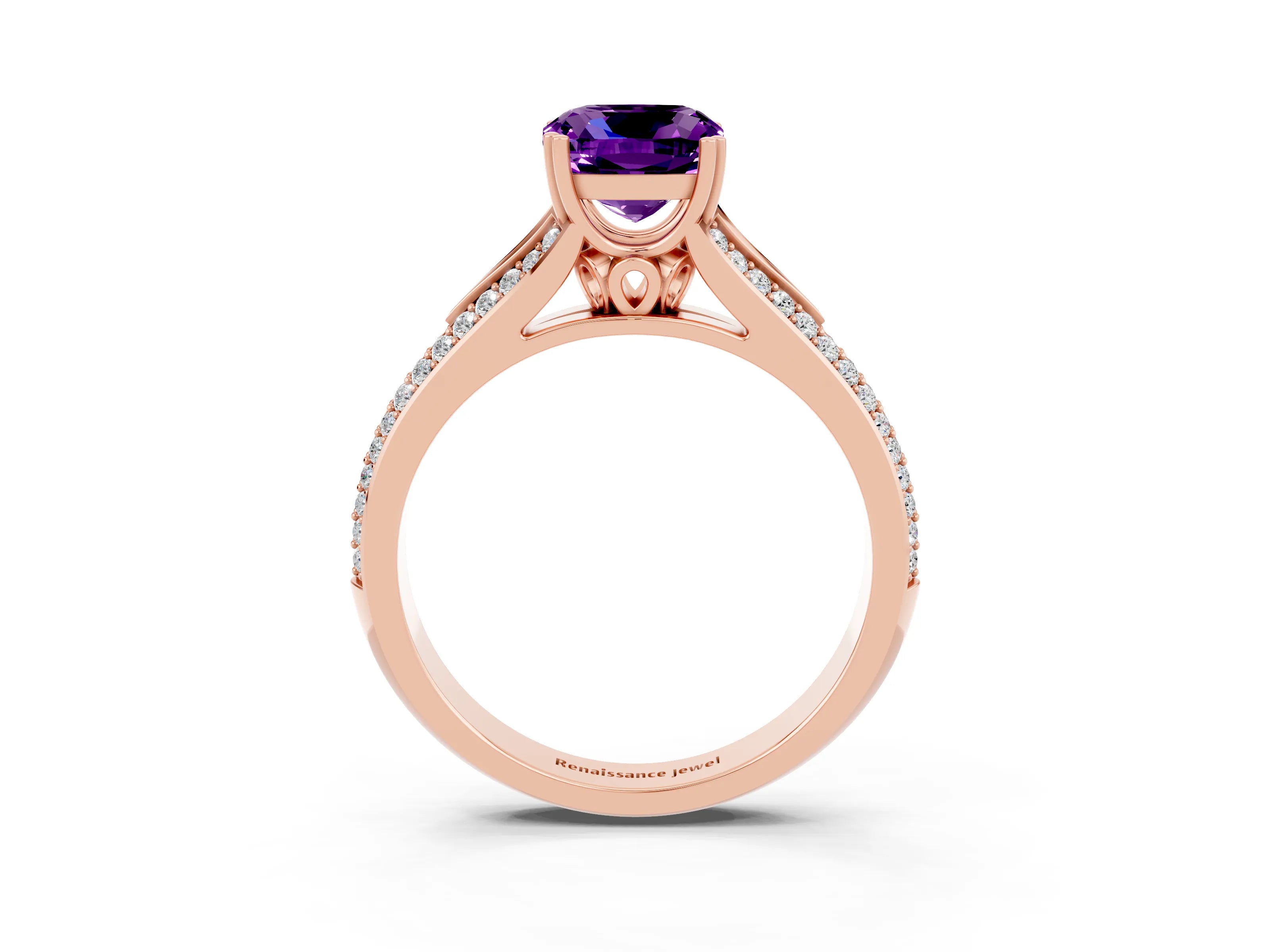 Rose gold Cushion Cut Amethyst Split Shank Engagement Ring with Pavé Band_3