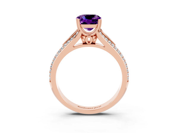 Rose gold Cushion Cut Amethyst Split Shank Engagement Ring with Pavé Band