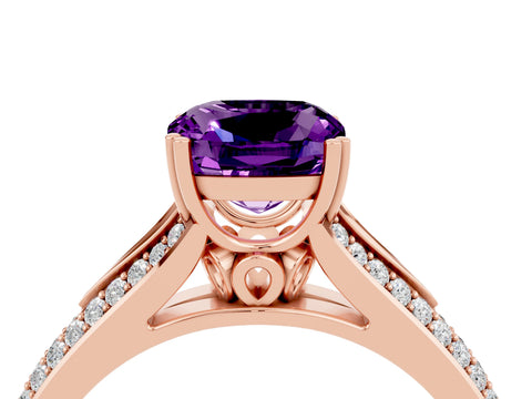 Rose gold Cushion Cut Amethyst Split Shank Engagement Ring with Pavé Band_4